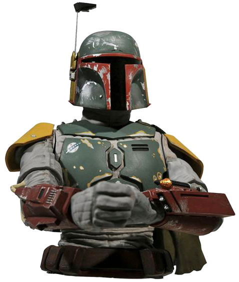 This exceptionally detailed bust of the famed bounty hunter Boba Fett stands