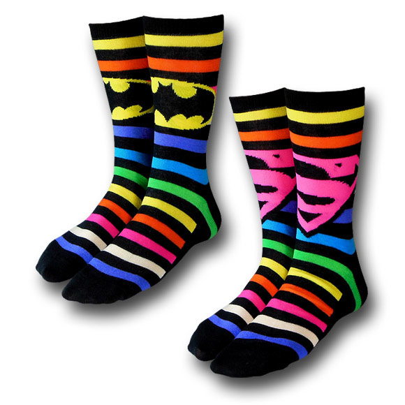 Batman and Superman Neon Striped Socks