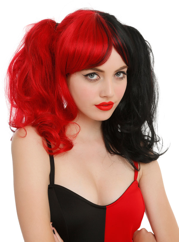 Harley Quinn Red and Black Bangs Long Wig