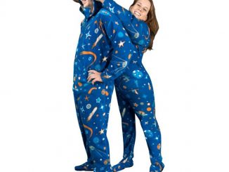 Outer Space Print Fleece Hooded Footie Pajamas