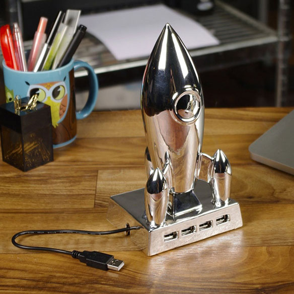 Retro Silver Moon Rocket Ship USB Hub