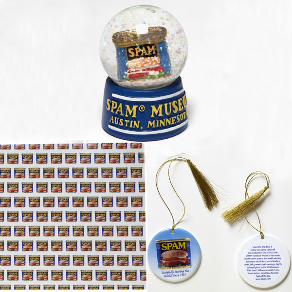 Spam Holiday Snowdome, Wrapping Paper, and Ornament