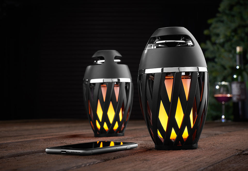 Theater Solutions TT100 Fully Wireless 240 Watt Rechargeable Battery Bluetooth Tiki Torch Speaker 4 Pack Lanterns Link Up to 99 Speakers Wirelessly 