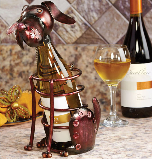 Wrought Iron Dog Table Top Wine Bottle Holder